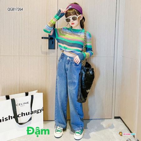 Quần jeans ống rộng THÊU TIM dễ thương cho bé gái